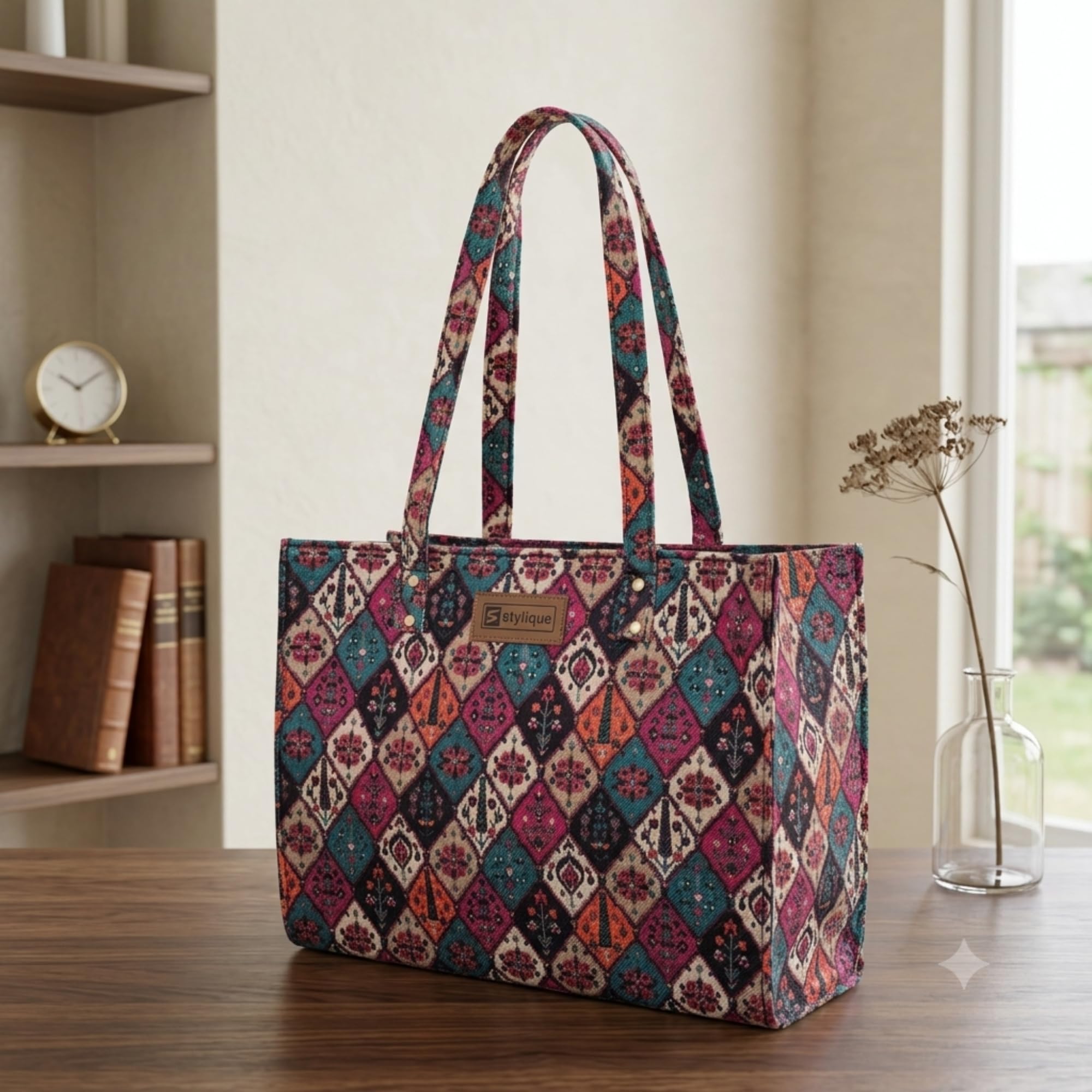 Stylique Premium Ecofriendly Jute Cotton Tote Bag | Large Women's Office Shoulder Handbag | Canvas Laptop Shopping Travel Purse with Zipper | Stylish Daily Utility Bag