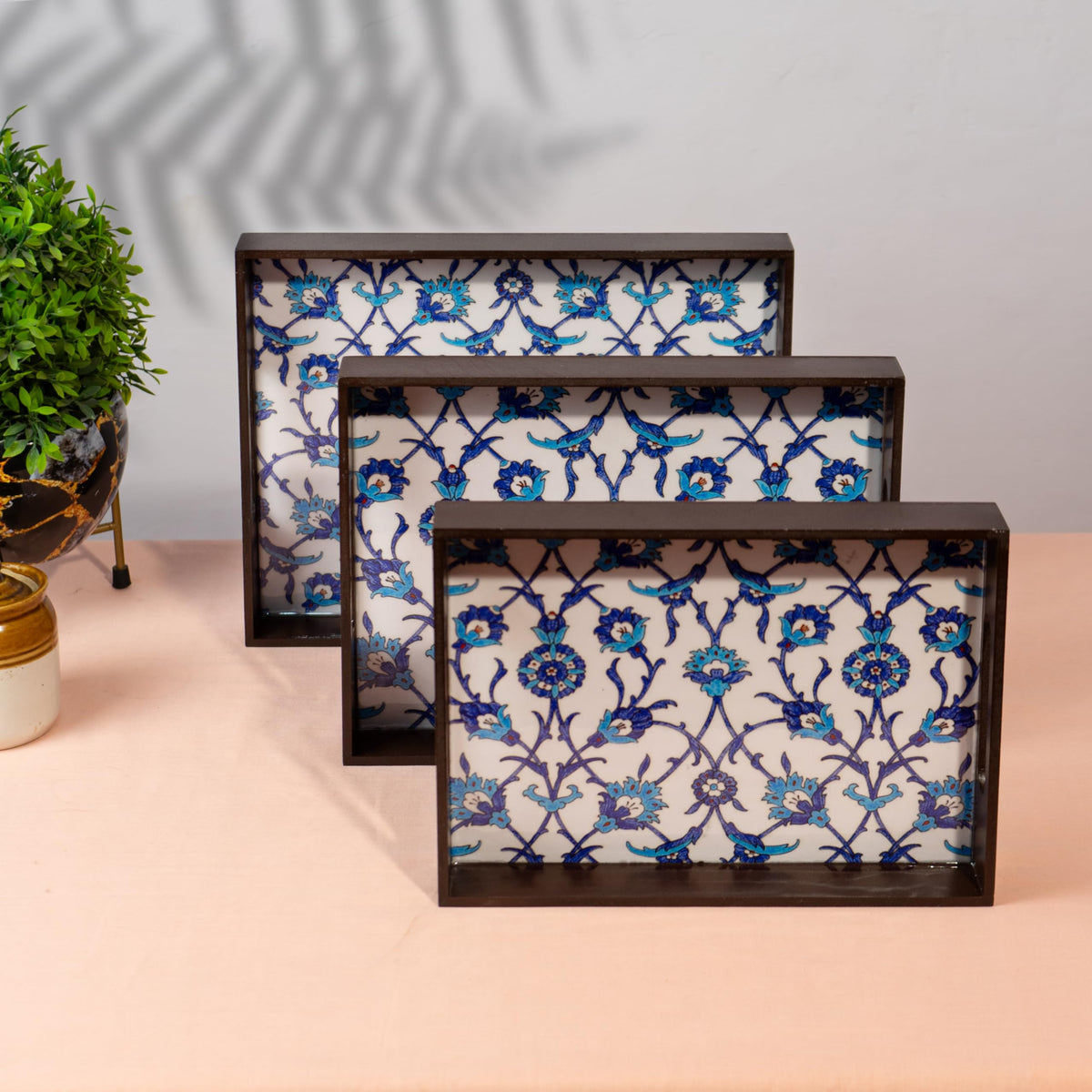Amimashop® Wooden Serving Tray Set of 3 Premium Blue Floral Design Decorative Trays Home Decor, Tray Set Serving, Tea Trey, Kitchen Organizer Large Medium Small Sizes