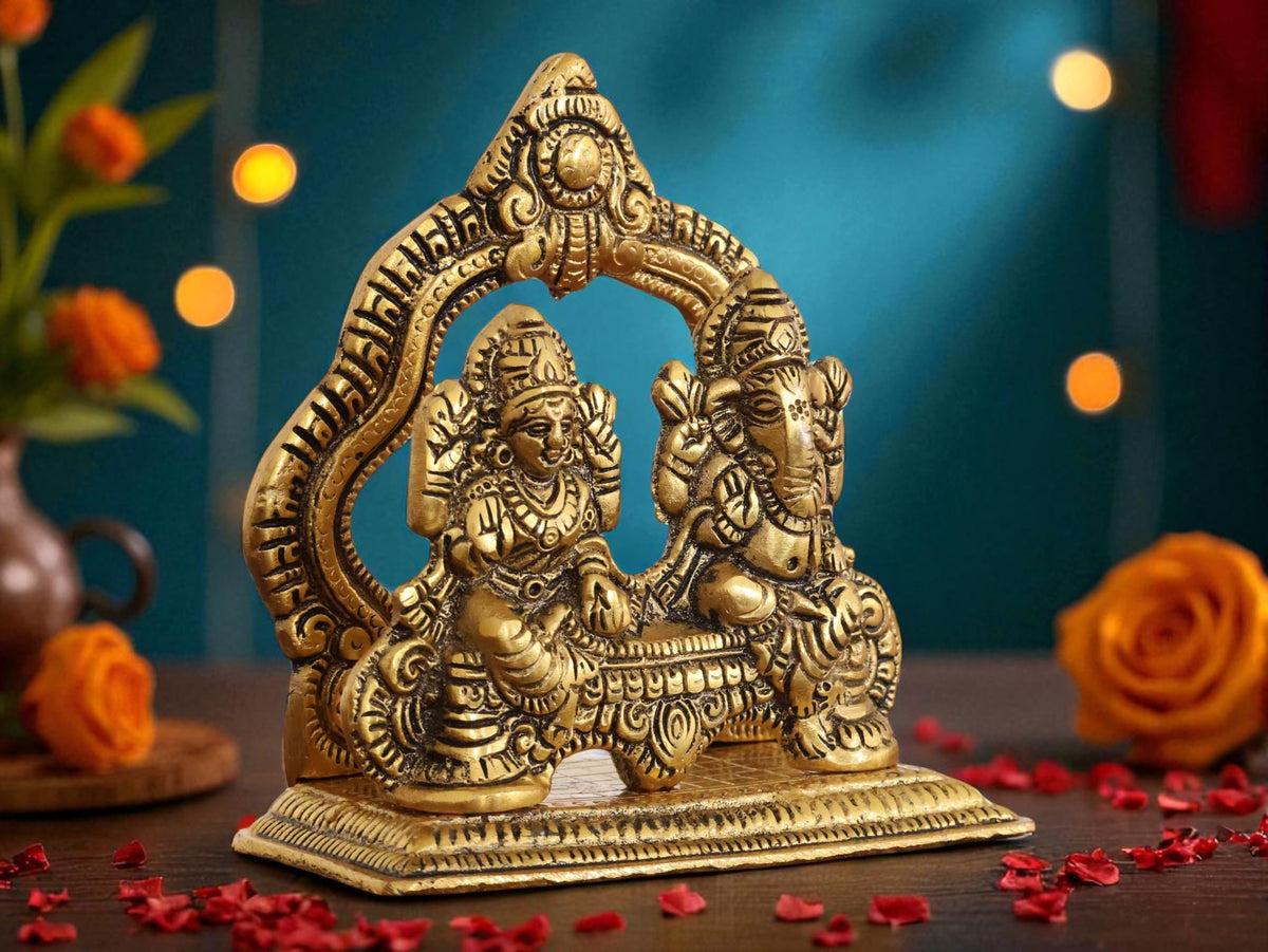 KridayKraft Metal Lakshmi & Ganesha Idol Pair – Gold-Finish Mini Statues (12 cm 5 Lenth × 12 Cm Hight 5), 200 g – Auspicious Home Puja Decor & Diwali Gift