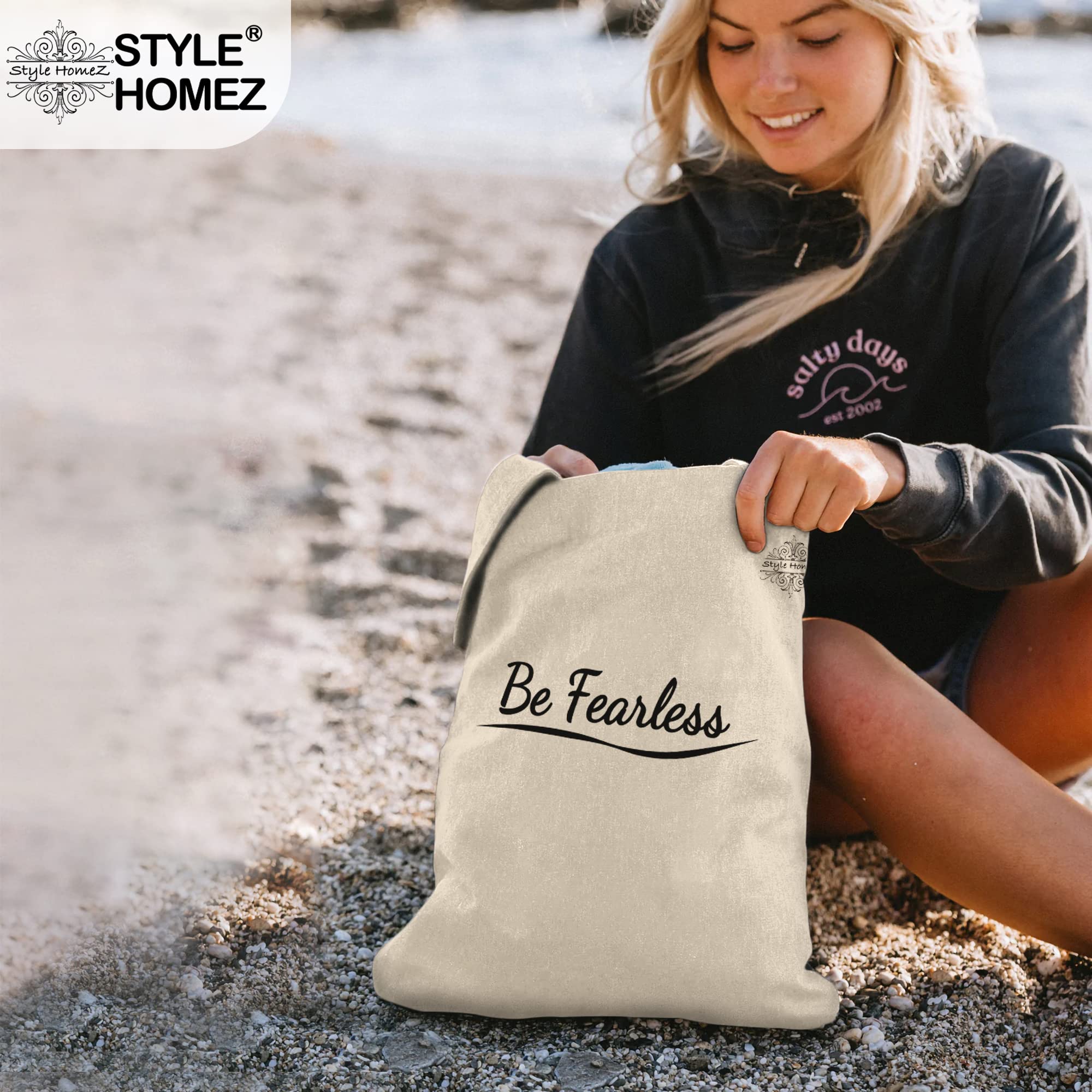 Style Homez Classic Eco-Friendly & Reusable Cotton Canvas Grocery Tote Bag, Medium Size 16 x 14 Inch Natural Color (BE FEARLESS)