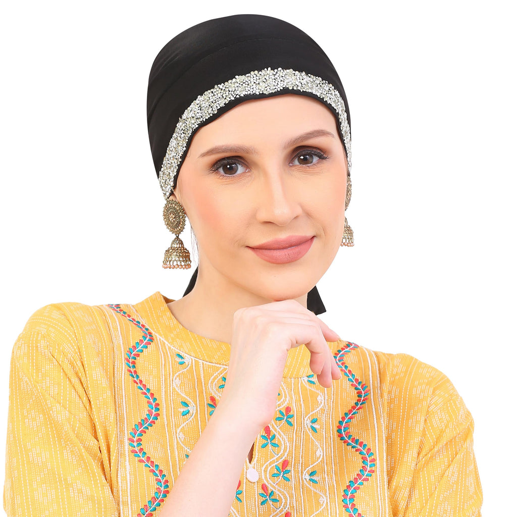Women's Black Diamond Lace Cap Head Scarf with Silver Embellishments