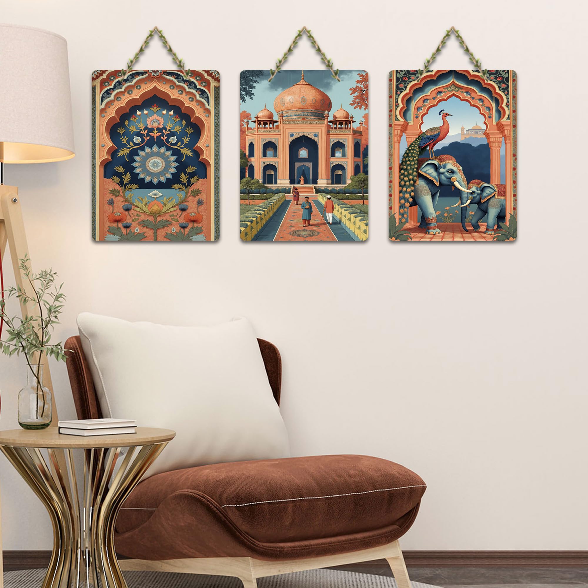 Artvibes Taj Mahal, Peacock & Elephant Cultural Indian Modern Art Decorative Wall Art MDF Wooden Wall Hanger for Home | Home Decor | Aesthetic Wooden Decor | Art Print | Gift (WH_9664N), Set of 3