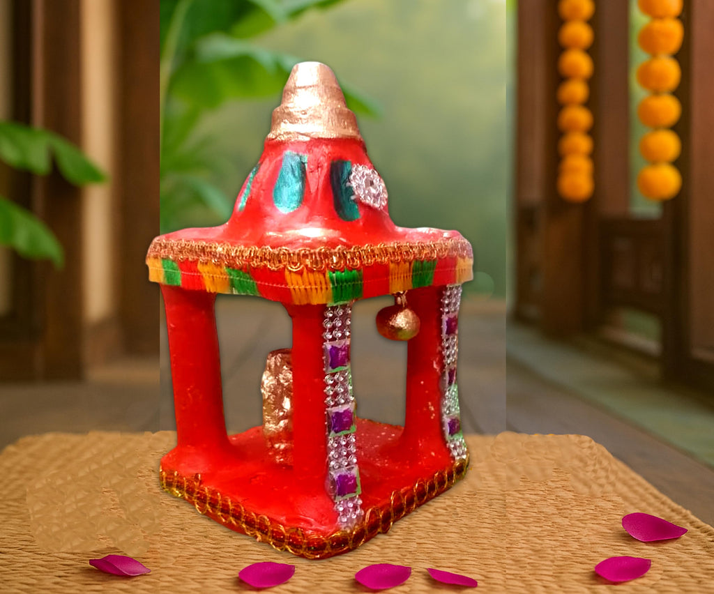 Cyan Collection Terracotta Clay Mitti Decorative Hatri Lakshmi Ganesh Square Shape Diwali Temple Mandir for Diwali Puja/Pooja, Home Decoration - Size H18 CM x W9 CM x L9 CM (Pack of 1) (18 CM)