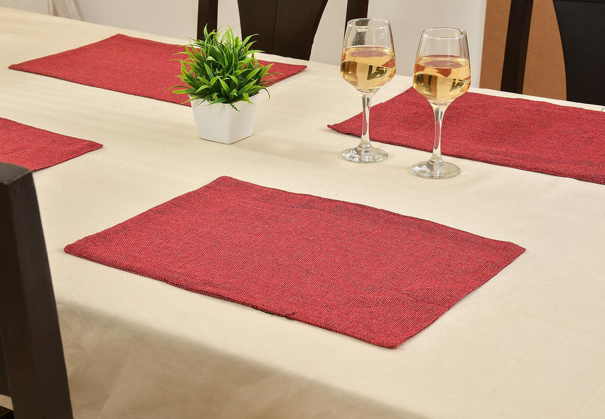 Yellow Weaves Jute Texture Table Mats/Placemat 4 Pieces (Maroon, 32 X 47 CM) Kafalo