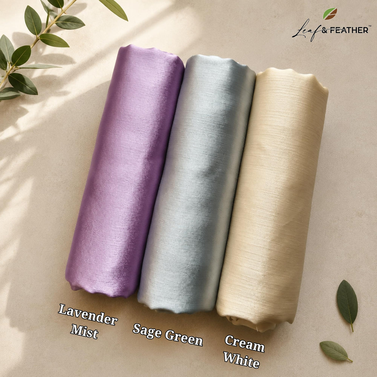 Leaf & FEATHER™ Muna Satin Hijab Scarf for Women | Pack of 3 Hijab Set | 200 x 70 cm | Silky Smooth & Lightweight | Premium Everyday Color Collection (10. Lavender - Mint Sage - Cream White)