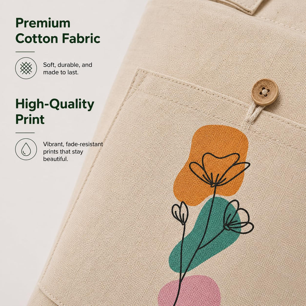 Threads by Krish Bloom Cotton Canvas Tote Bag for Women | 300 GSM Premium Fabric with Hidden Zipper, Inner Zipper & Front Button Pocket | Large Capacity | 15 x 14.5 x 3 In