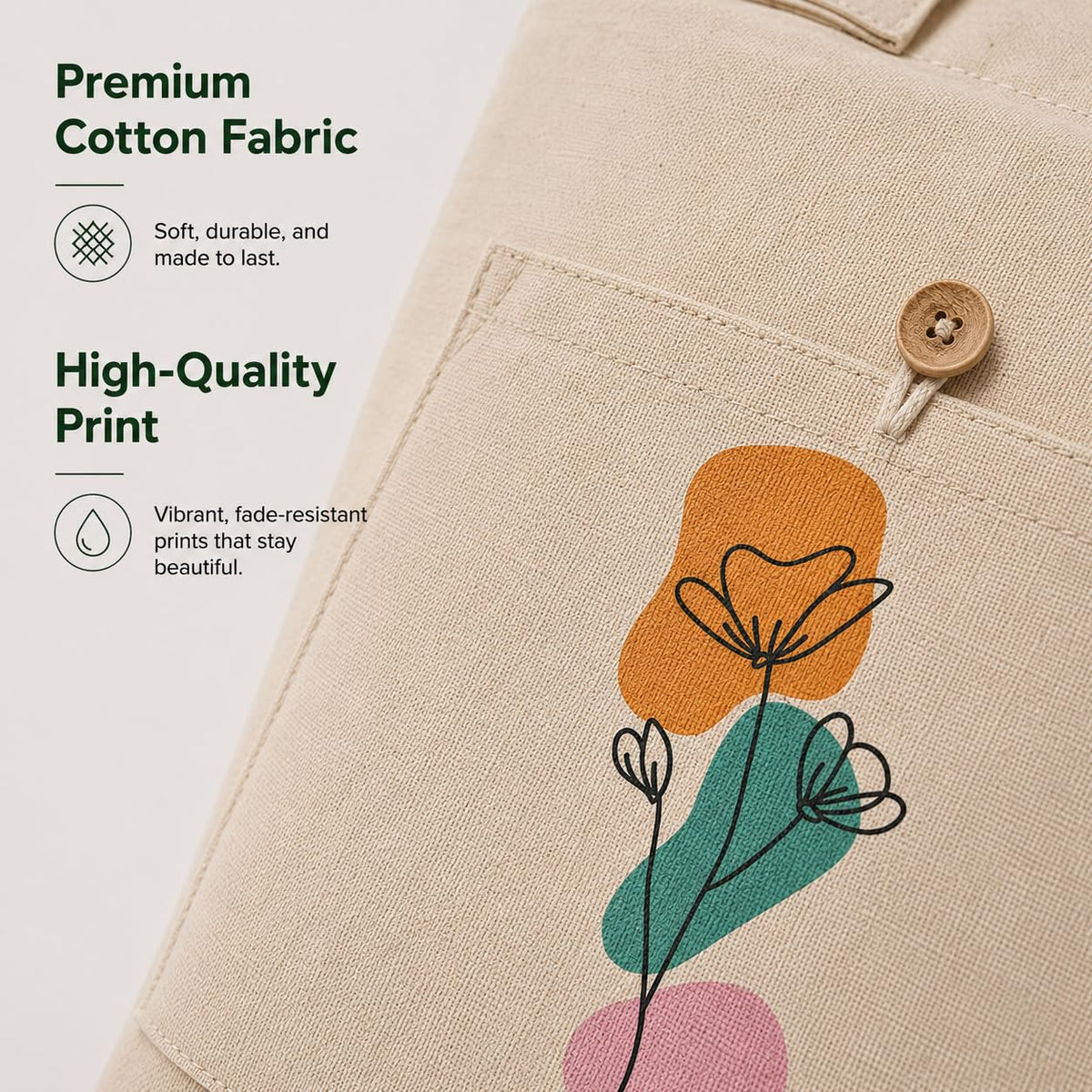 Threads by Krish Bloom Cotton Canvas Tote Bag for Women | 300 GSM Premium Fabric with Hidden Zipper, Inner Zipper & Front Button Pocket | Large Capacity | 15 x 14.5 x 3 In