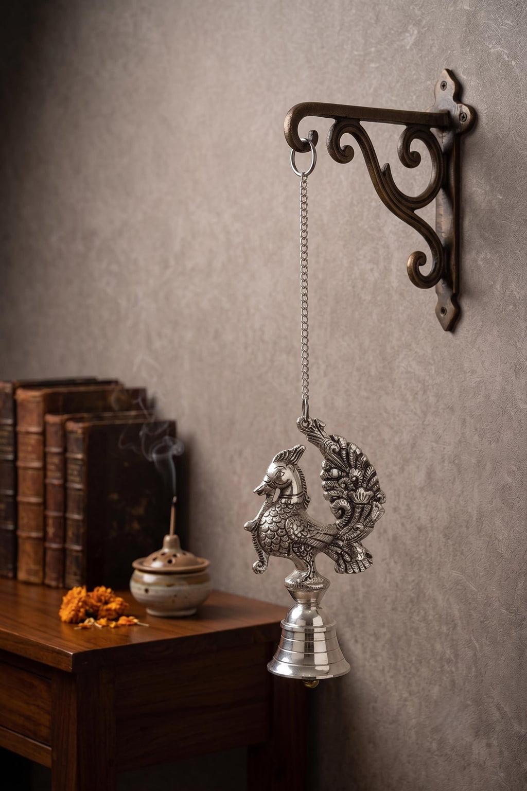 KridayKraft Ornate Peacock Hanging Bell – Antique Silver Finish Decorative Showpiece for Living Room, Entrance & Spiritual Decor