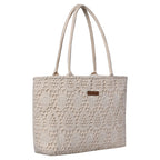 ENSAC Premium Cotton Tote Bag for Women, Stylish Handbag for women with Zip Closure | Fit for Office Bag, College, Travel Use | Handcrafted in India (Cutwork-tote-big) (Cutwork-Beige)