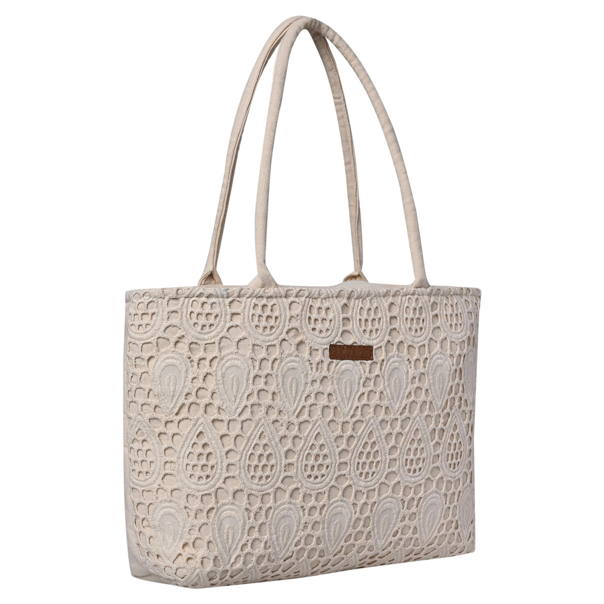 ENSAC Premium Cotton Tote Bag for Women, Stylish Handbag for women with Zip Closure | Fit for Office Bag, College, Travel Use | Handcrafted in India (Cutwork-tote-big) (Cutwork-Beige)