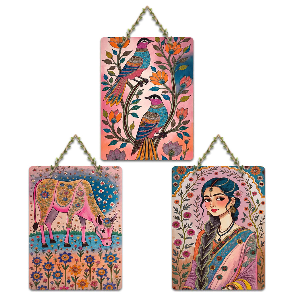 Artvibes Beautiful Women Sacred Cow & Floral Birds Wooden Art Decoration Item for Home | Garden Balcony| Stylish Modern Decor | Wall Illustrations | Trendy Decor | Unique Gift (WH_9694N), Set of 3