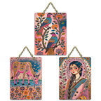 Artvibes Beautiful Women Sacred Cow & Floral Birds Wooden Art Decoration Item for Home | Garden Balcony| Stylish Modern Decor | Wall Illustrations | Trendy Decor | Unique Gift (WH_9694N), Set of 3