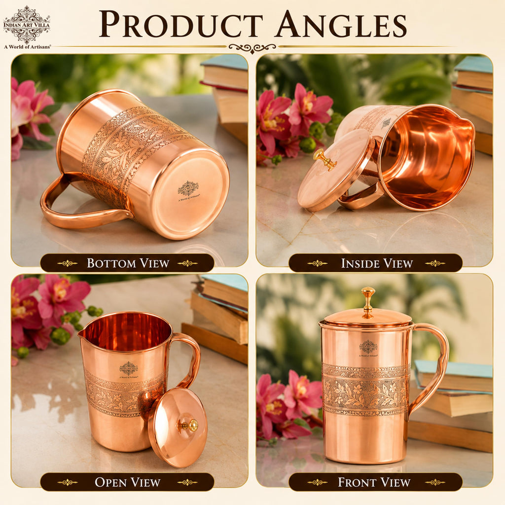 Indian Art Villa Embossed Design Copper Jug Pitcher, Serveware & Drinkware, Beneficial for Health, 1500 ML