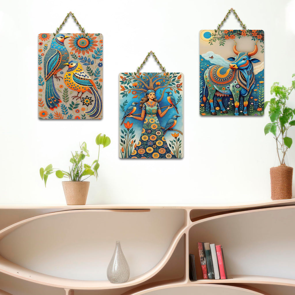 Artvibes Sacred Nature & Divine Girl With Birds & Cow Decorative Wall Art MDF Wooden Wall Hanger for Living Room | Home Decor | Wall Accent | Wall Illustration | Unique Gift Items (WH_9685N), Set of 3
