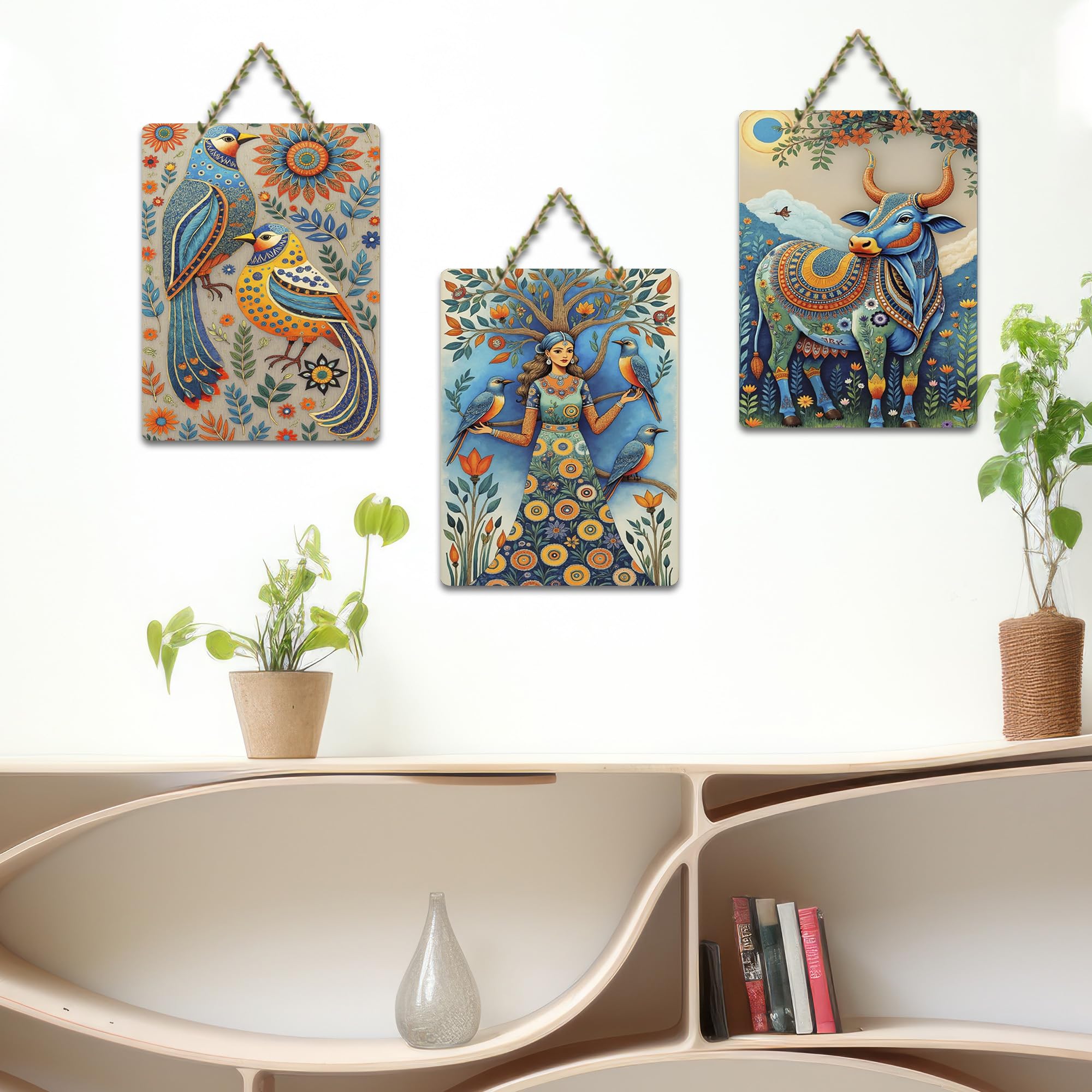 Artvibes Sacred Nature & Divine Girl With Birds & Cow Decorative Wall Art MDF Wooden Wall Hanger for Living Room | Home Decor | Wall Accent | Wall Illustration | Unique Gift Items (WH_9685N), Set of 3