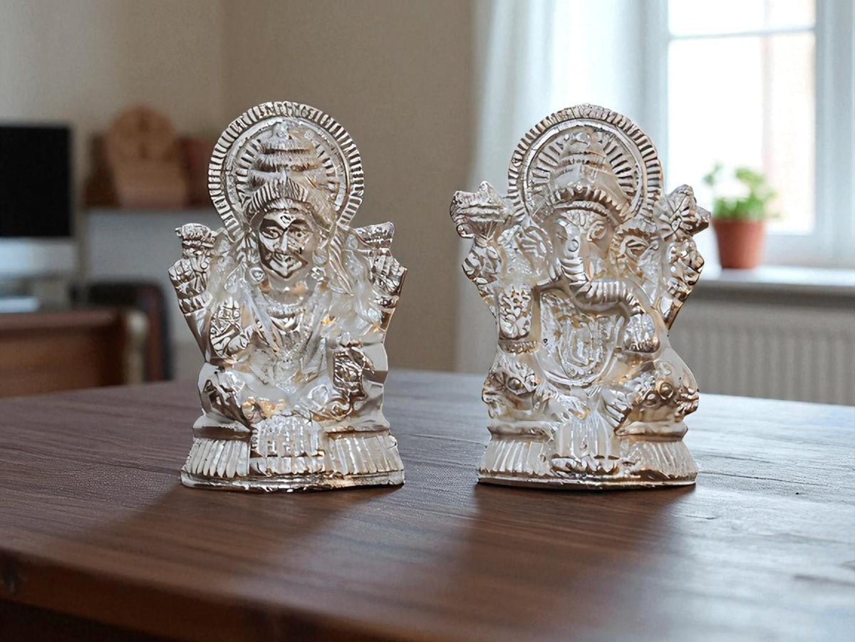 KridayKraft Metal Lakshmi & Ganesha Idol Pair – Silver-Finish Mini Statues (7.5 cm × 4 cm Each), 160 g – Auspicious Home Puja Decor & Diwali Gift