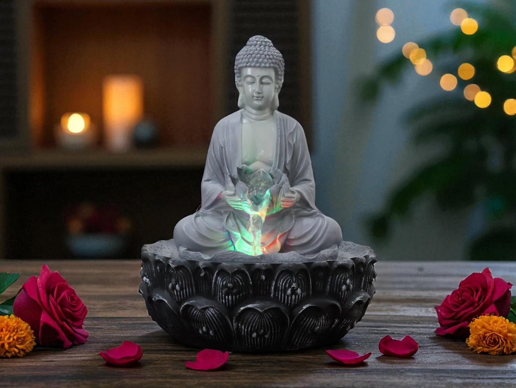 KridayKraft Meditating Buddha Water Fountain Idol Polyresin Lotus Water Fountain Showpiece for Home Garden Living Room Decor Decoration Gift Items, 24 CM