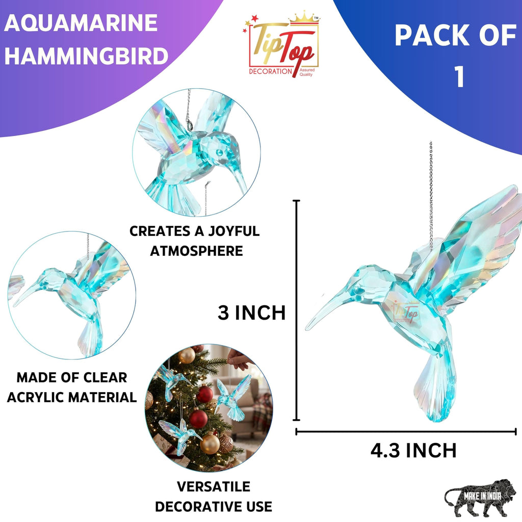 TIPTOP DECORATION Premium 3D Clear Crystal Acrylic Iridescent Pigeon Dove Hummingbird Hanging Suncatcher (Aquamarine, Pack of 1 Piece)