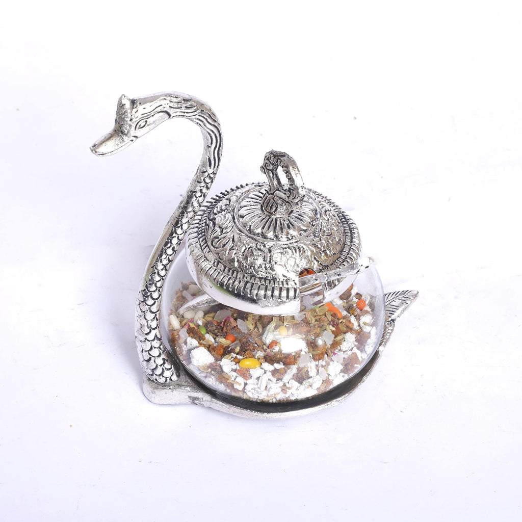 KridayKraft Aluminium swan Duck with Transparent Glass Bowl Set with Spoon and lid (11 x 15 x 11 cm, Silver)