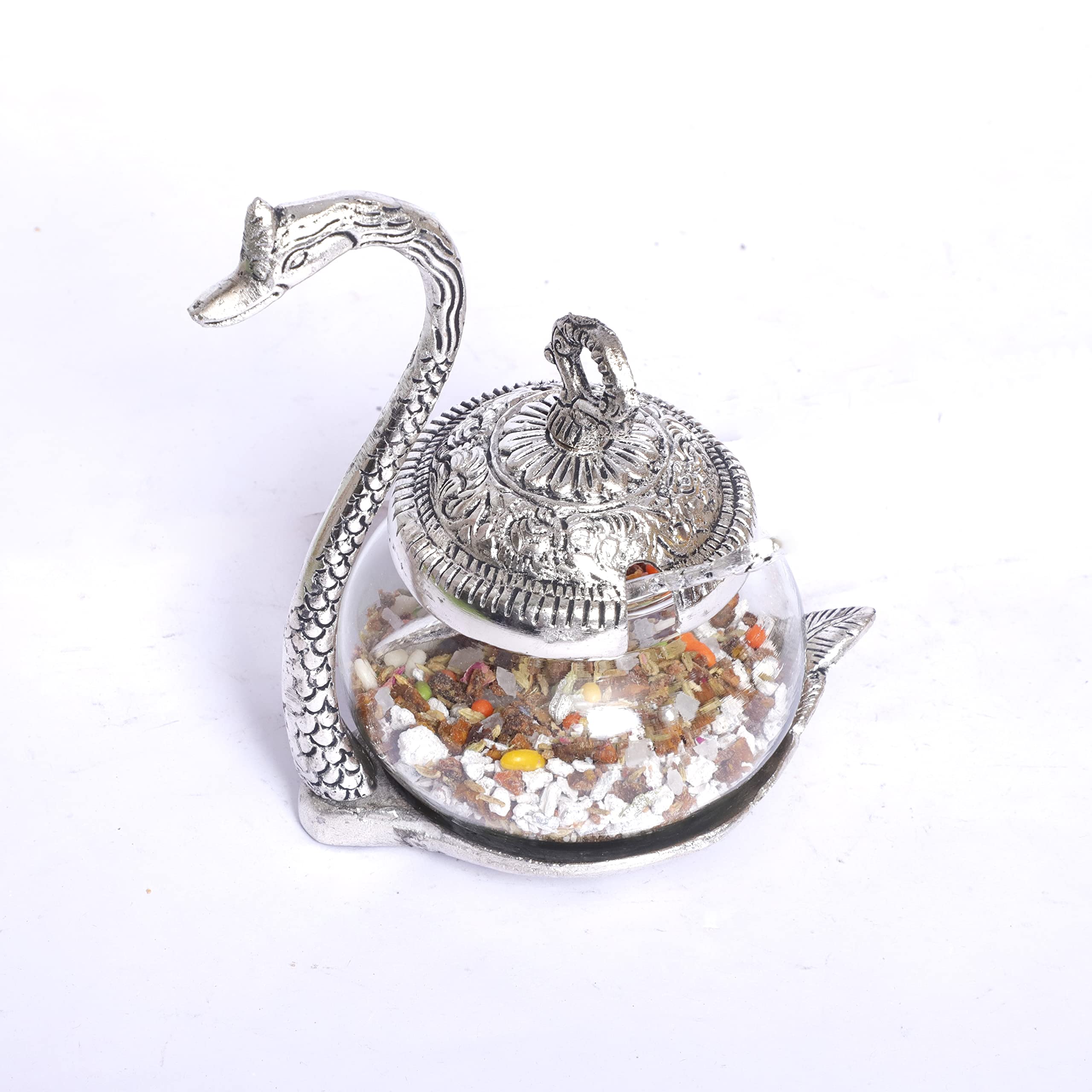 KridayKraft Aluminium swan Duck with Transparent Glass Bowl Set with Spoon and lid (11 x 15 x 11 cm, Silver)