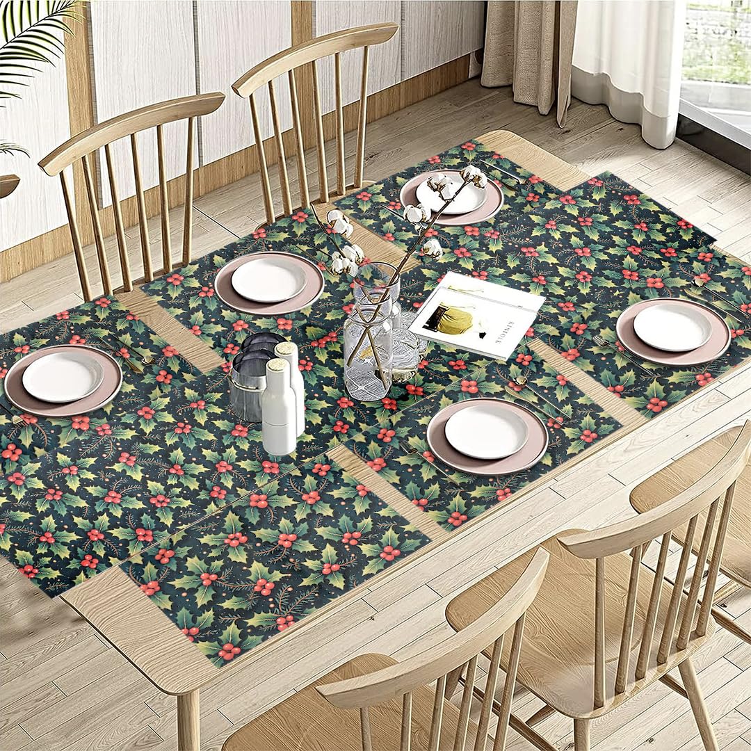 PRAKARTIK BY INDUARTS Dining Table Mats Set of 6 with 135 cm Runner - Cherry Christmas Leaves Theme,Digital Print, Washable, Indoor/Outdoor, Heat-Proof, Wipe & Clean (47X33 cm) Red & Green Kafalo