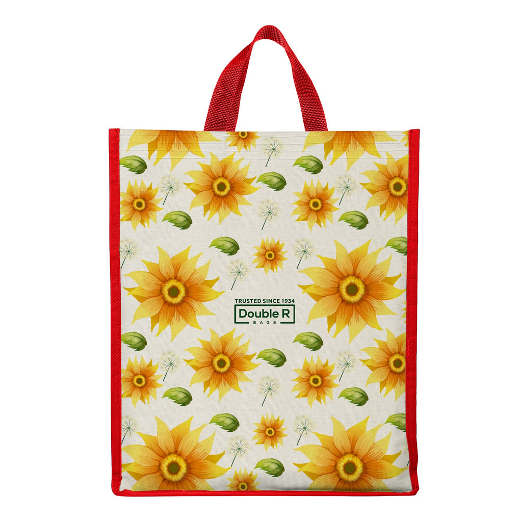 DOUBLE R BAGS Unisex Big Eco Cotton Canvas Shopping Bag for Grocery, Milk, Fruits & Vegetables | Reusable Tote with Reinforced Handles | Sunflower Print, 34x9.5x39.5 cm, 1 Compartment (Pack of 1)