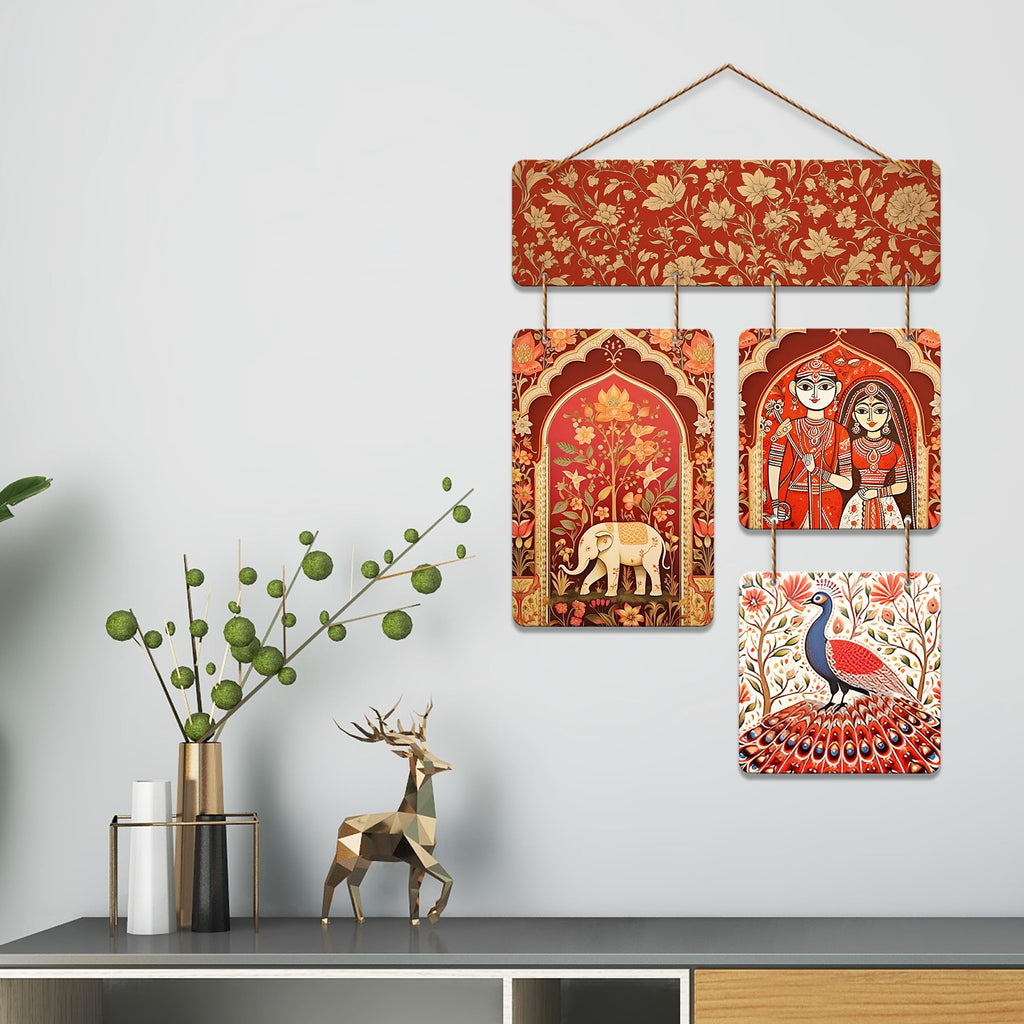 Artvibes Traditional Elephant Peacock & Groom Bride Wooden Art Decoration Item for Home | Wall Sculpture | Signs & Plaques | Graphic Artwork | Art Print | Wall Accents | Unique Gift Items (WH_6540N)