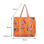 Cotton Quilted Tote Bag for Women, Jungle Print Handbag, Reusable Shoulder Bag with Dual Handles, Lightweight Travel Shopping Tote, Large Capacity Everyday Carry Bag - (Orange flower bag, 18×18 In)