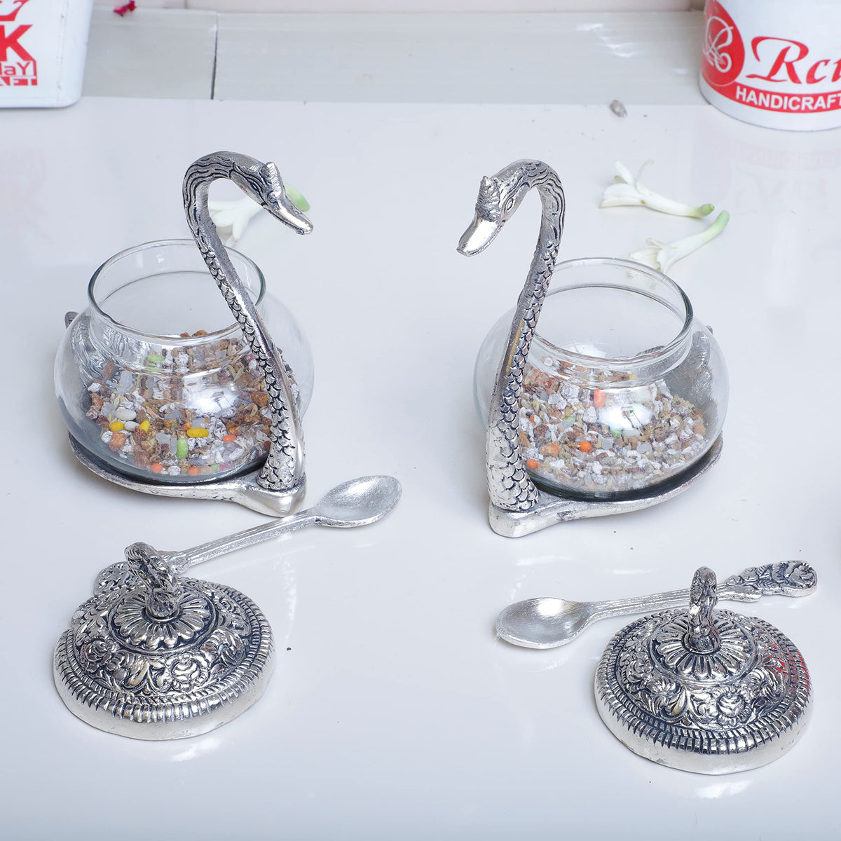 Prince Home Decor & Gifts Aluminium Bowl - 2 Bowl With 2 Spoon And 2 Cover, Silver, Transparent, 300 ml