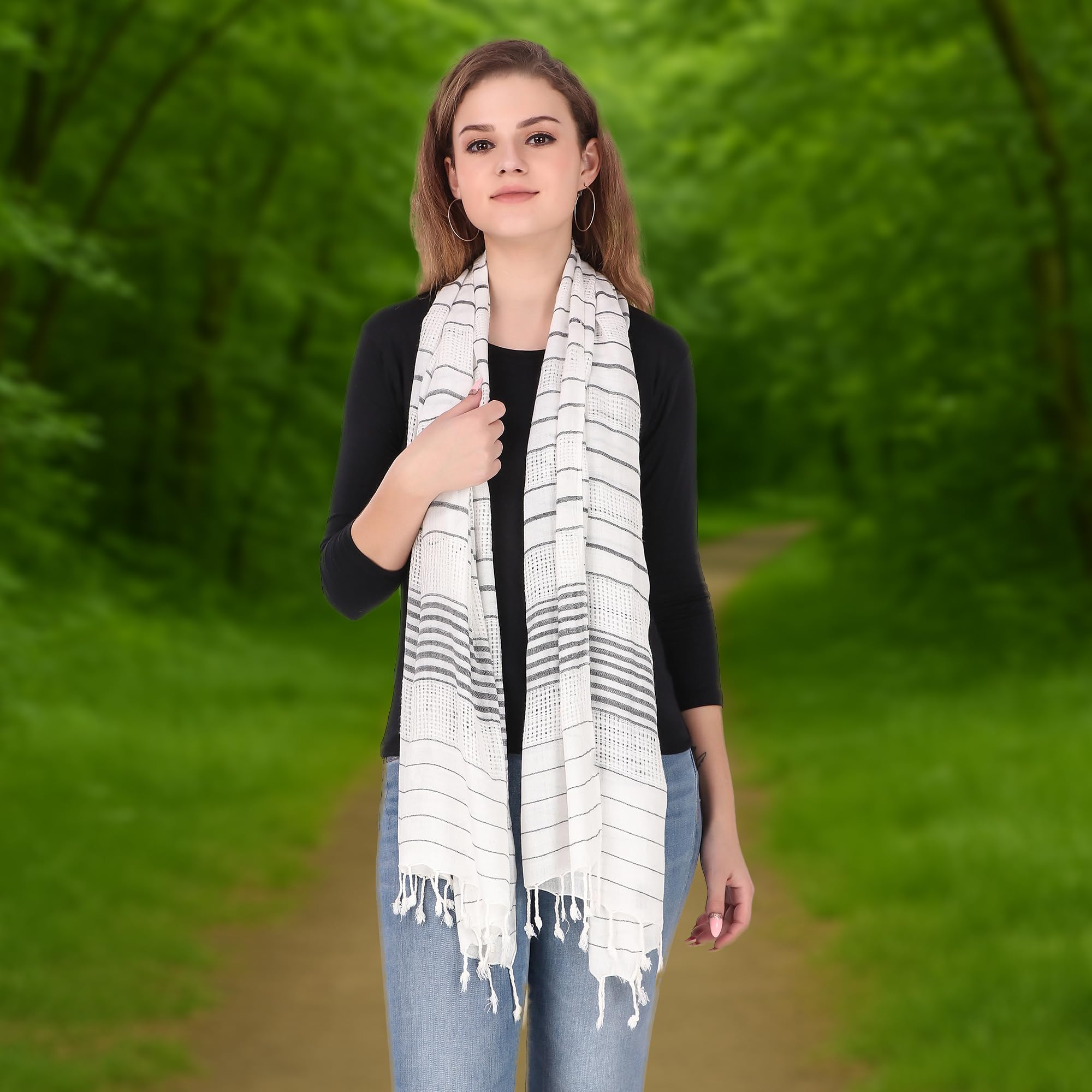FWC Fill With Colours Stole/Scarf For Female Colour- White Soft Viscose Cotton Blend Ethnic Stripes Pattern Scarves Pack Of 1 ST-15