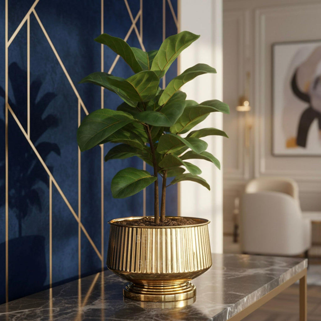BEHOMA Golden Fluted Pedestal Bowl Planter