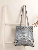 Ravaiyaa - Attitude is everything Cotton Shoulder Bag/Tote Bag For Women| Printed Multipurpose Handbag With Top Zip | Best For Shopping, Travel, Work, Beach, Office, College (White Grey Ombre Mandala)