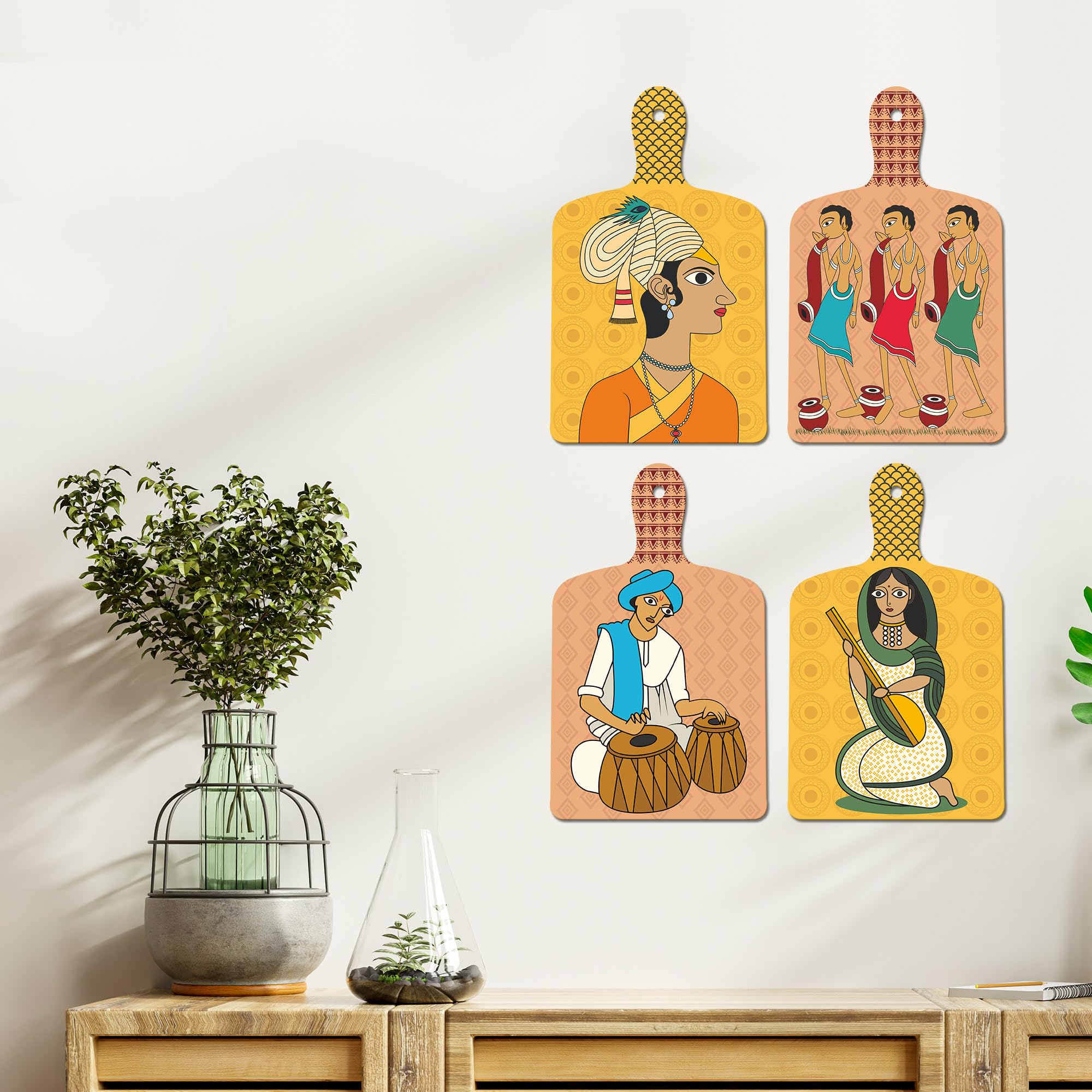 Artvibes Indian Folk Music & Dance Pichwai Art Wooden Art Decoration Item for Living Room | Office | Cafe | Graphic Artwork | Wall Art Print | Sceneries | Unique Gift Items (WH_5622N), Set of 4