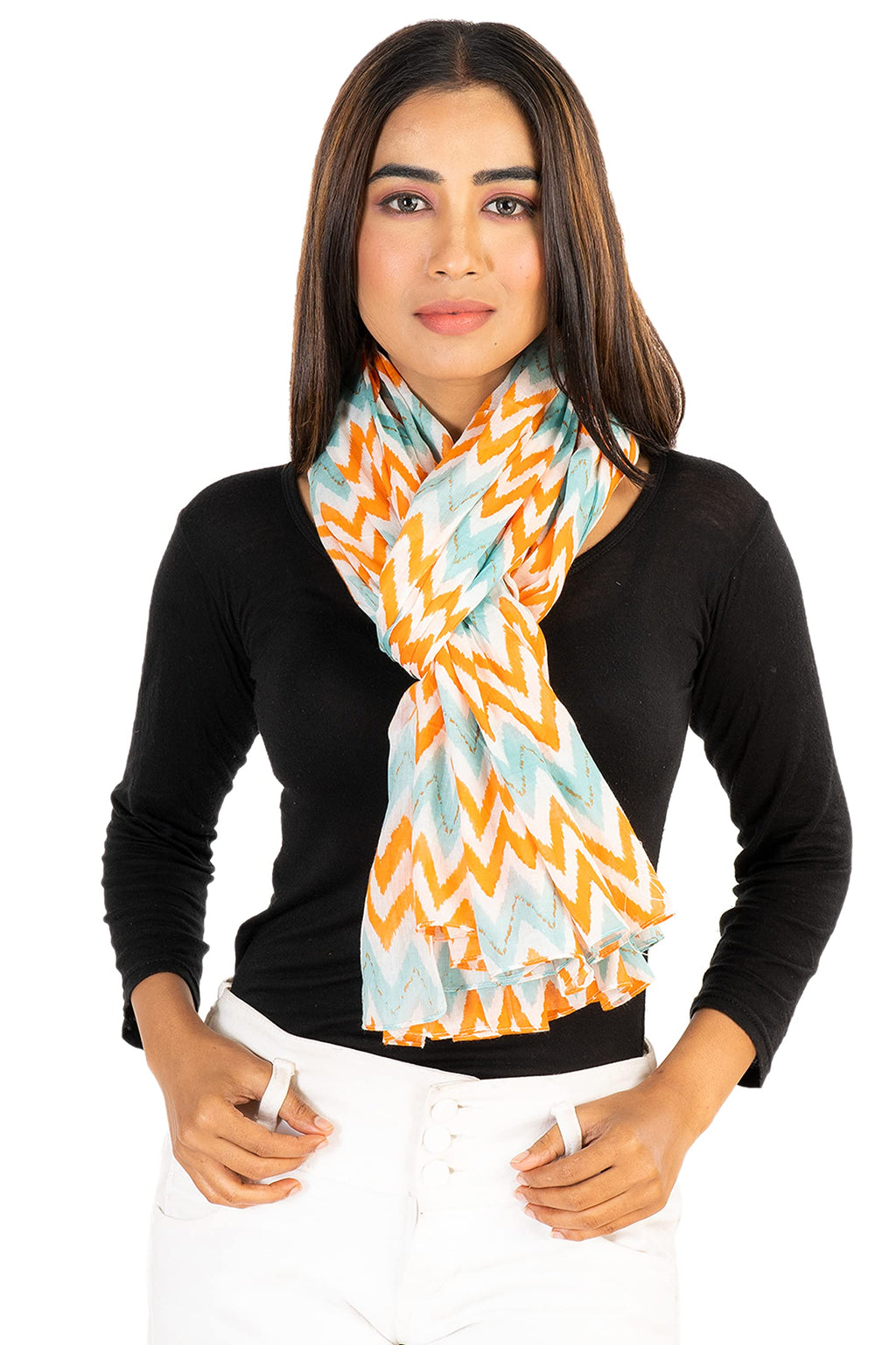 AQVA Printed Cotton Scarf for Women Stylish (Victory Pistachio Orange) | Head and Face Cover Scarf for Girls with 100% Cotton | Soft & Lightweight Scarves/Stoles for all Weather (72 x 43 in)