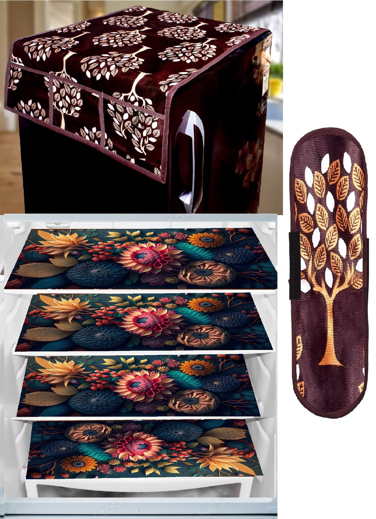 REVEXO Kitchen Combo Fridge Top Cover, 2 Piece Fridge Handle Cover, 4 Pcs Fridge Mats, (Set of 6 Piece) rev-04 Kafalo