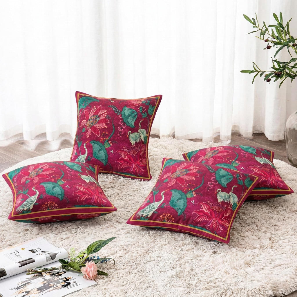 ishro home Premium Cushion Cover 16 inch x 16 inch | Luxury European Mosha Fabric | Love at First Sight Designs | Hidden Zipper | Machine Washable, Non- Fading | (4, Ruby Palace, 16 x 16 Inches)