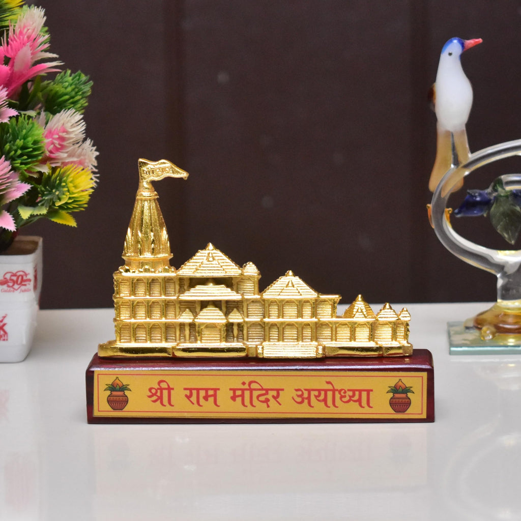 KridayKraft Metal Shree Ram Mandir Architectural with Wooden Base Model Prabu Shri Ram Bhumi Ayodhya Showpiece for Home Decor, Office | Metal Showpiece