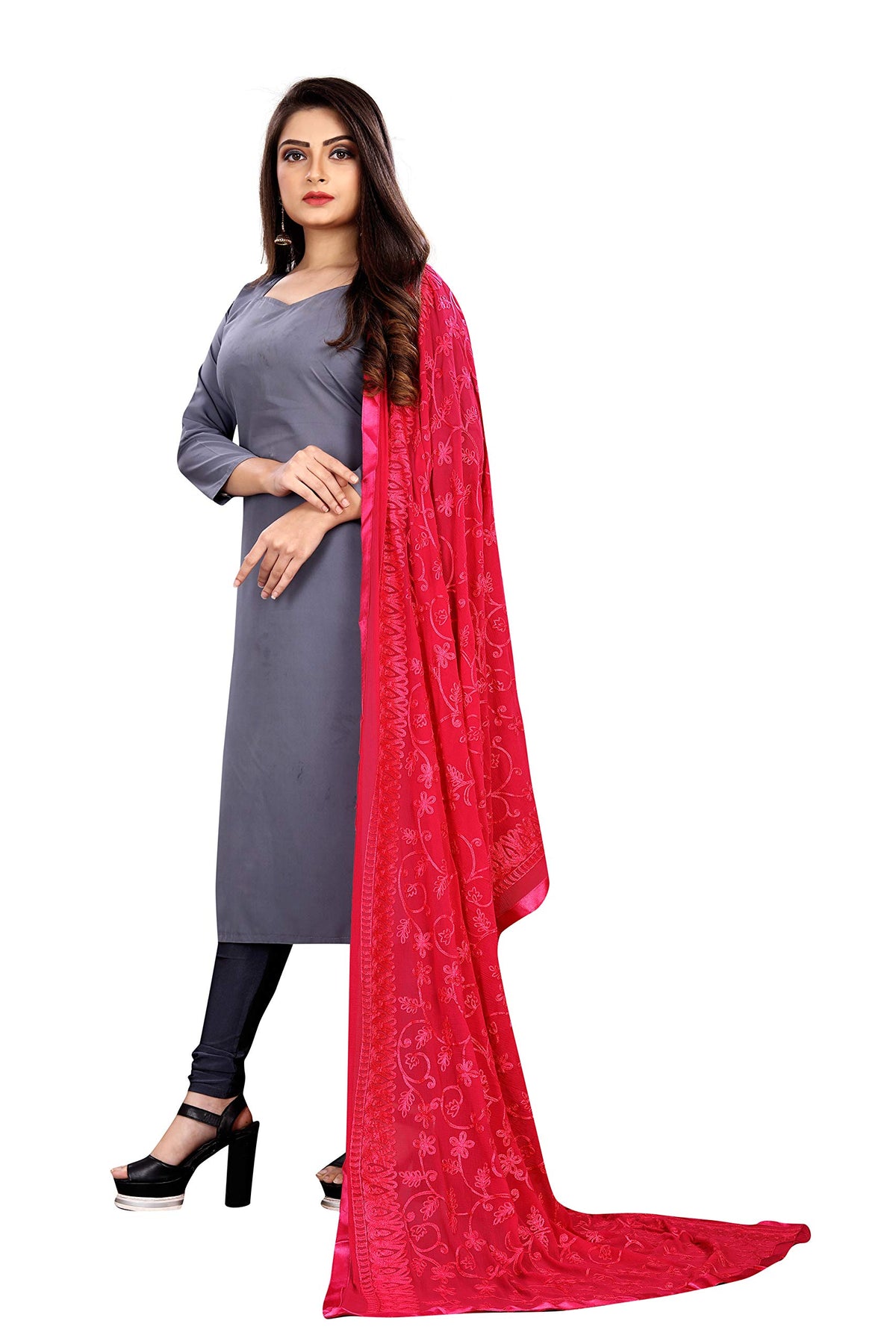 AKSHAR LLC Miss India Women's Chiffon Dupatta with Karachi Embroidery Work_027 (pink)