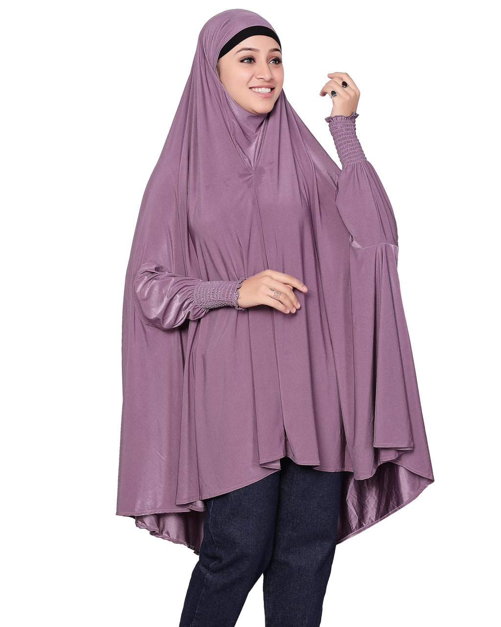 ICW Women Stretchable Jersey Smoking Sleeve Jilbab Cum Prayer khimar Hijab (Free Size) (Purple)