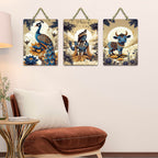 Artvibes Divine Shri Krishna Wall Art Set With Peacock And Cow Home Wooden Wall Hanger for Home | Spiritual Decor Items | Wall Illustrations | Artwork | Painting | Gift Items (WH_9627N), Set of 3