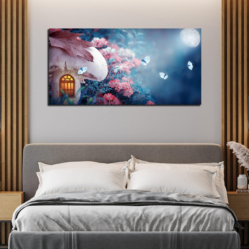 VIBECRAFTS Canvas Paintings for Living Room Drawing Room Beautiful Wall Painting of Mushroom House in Enchanted Fairy Tale Forest Fitted with Wooden Frame for Home|Office|Gift(PTVCH_2297NV)
