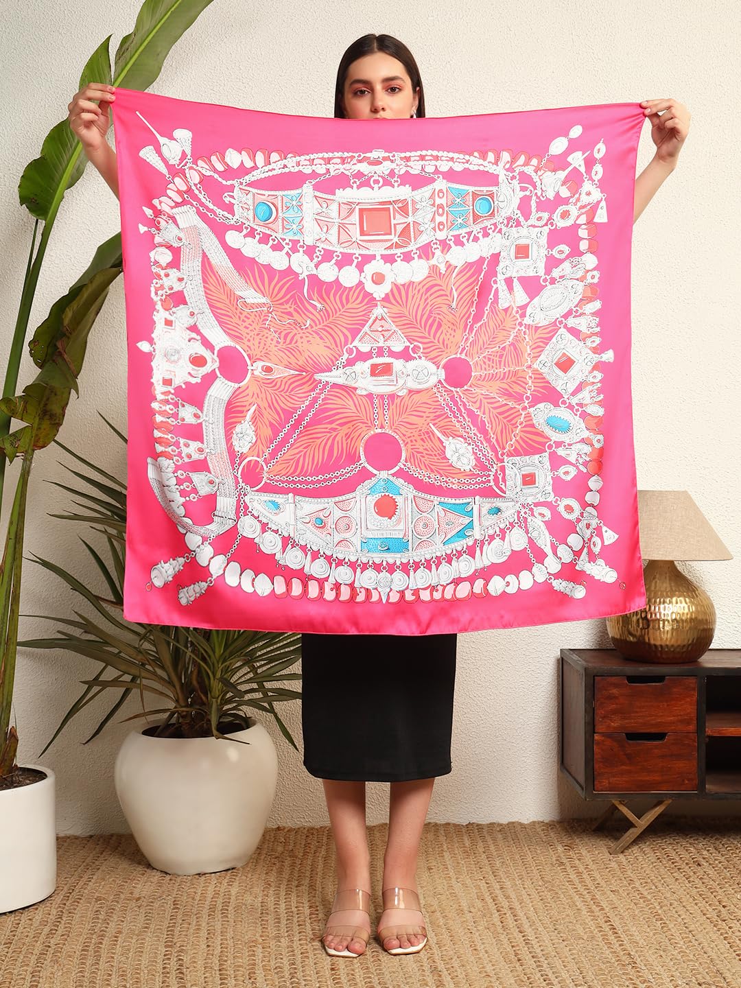 Ravaiyaa - Attitude is everything Women's Crepe Silk Digital Print Large Square Scarf Breathable Lightweight Neckerchief Printed Headscarf 40 x 40 Inch (Pink Crown)