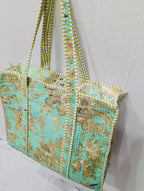Raj Handicrafts Cotton Printed Tote Bag,Hand Bag Multicolor Quilted Hand Block Floral Printed Women's Carry Bag Shoulder Shopping Tote Bags 18x5.5x16 Inch (Sea Green 3)
