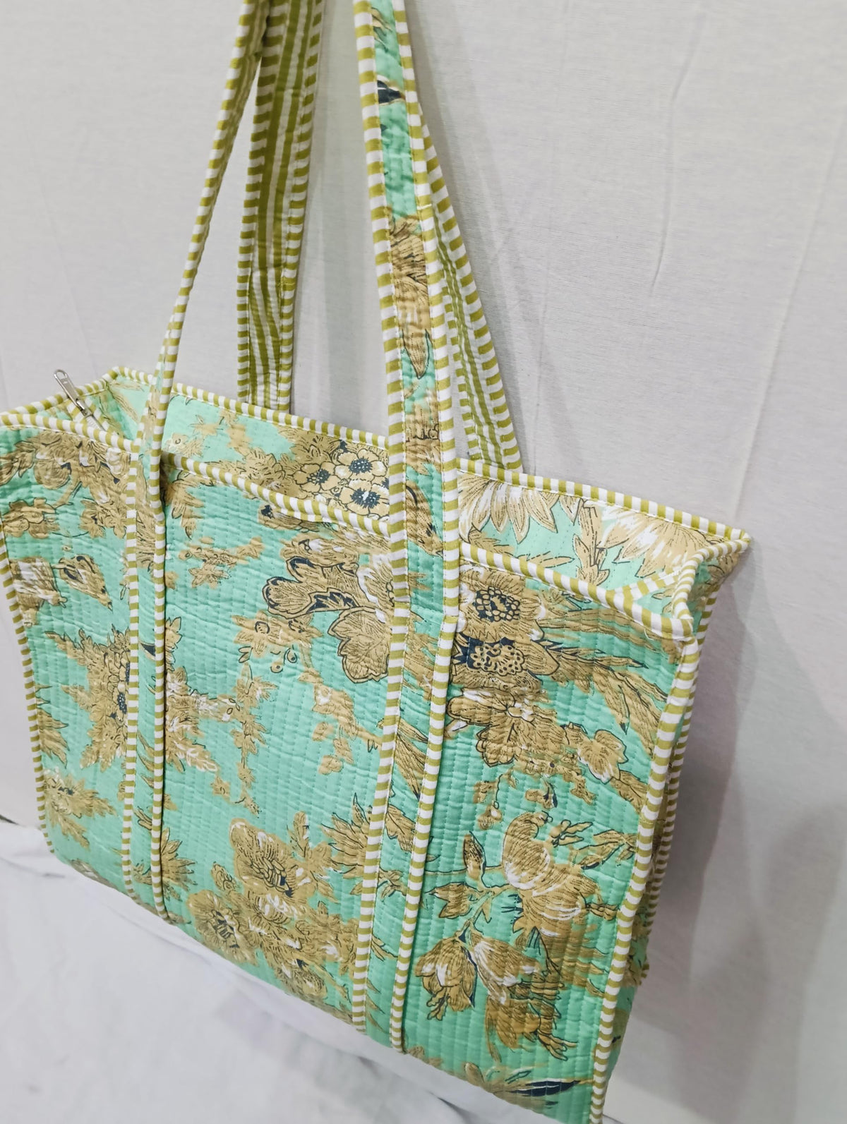 Raj Handicrafts Cotton Printed Tote Bag,Hand Bag Multicolor Quilted Hand Block Floral Printed Women's Carry Bag Shoulder Shopping Tote Bags 18x5.5x16 Inch (Sea Green 3)