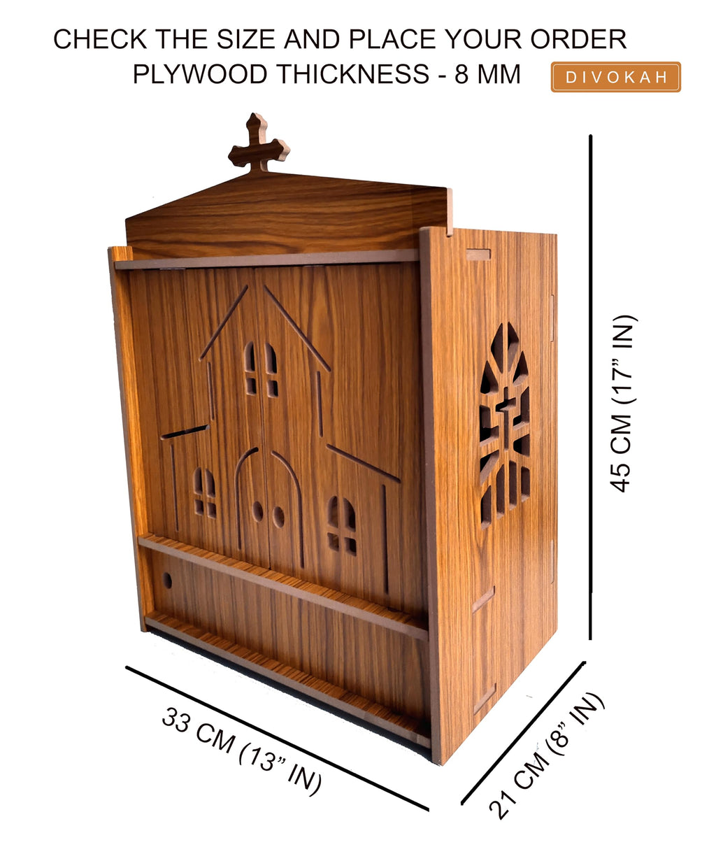 DIVOKAH Beautiful Wooden Christian Temple for Home/Christian Altar (8 Mm Plywood Thickness) (2DOR WDN Altar)
