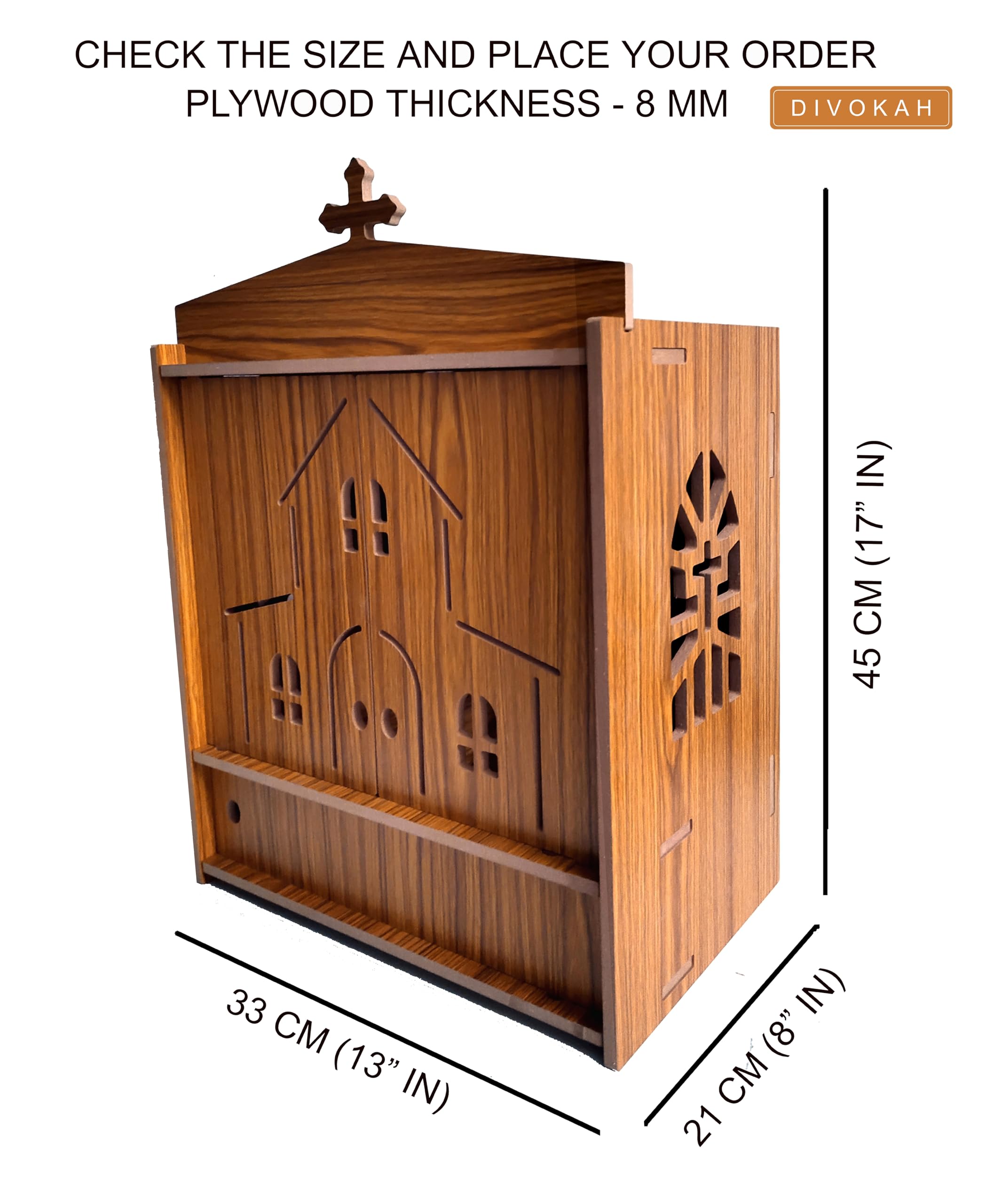 DIVOKAH Beautiful Wooden Christian Temple for Home/Christian Altar (8 Mm Plywood Thickness) (2DOR WDN Altar)