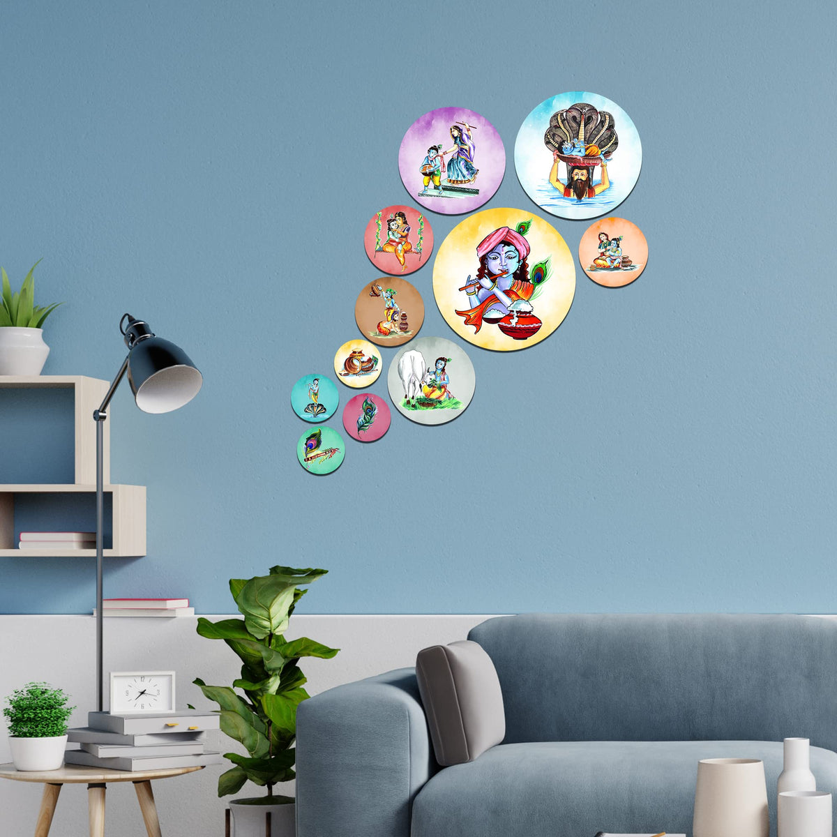 Artvibes Lord Krishna in Different Types Activities Round Shape MDF Wooden Wall Decor Items | Spiritual Decor Items | Wall Poster | Artwork | Painting | Gift Items (WPS_118N), Set of 11