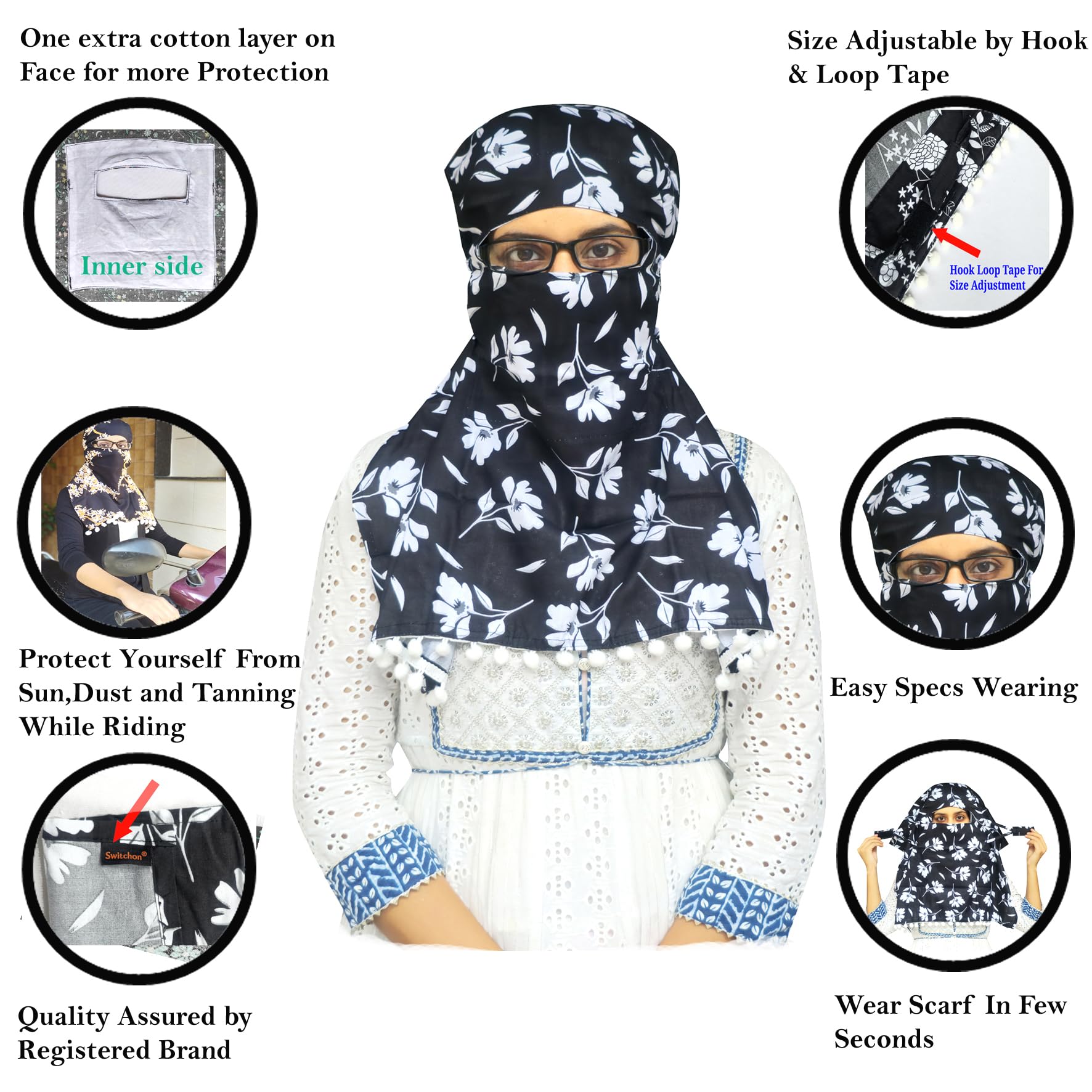 Switchon Scarf Hijab Rayon Printed fancy scarf for women Size Adjustable -Hook loop tape- For 10 yrs and above (Black_Multi1)