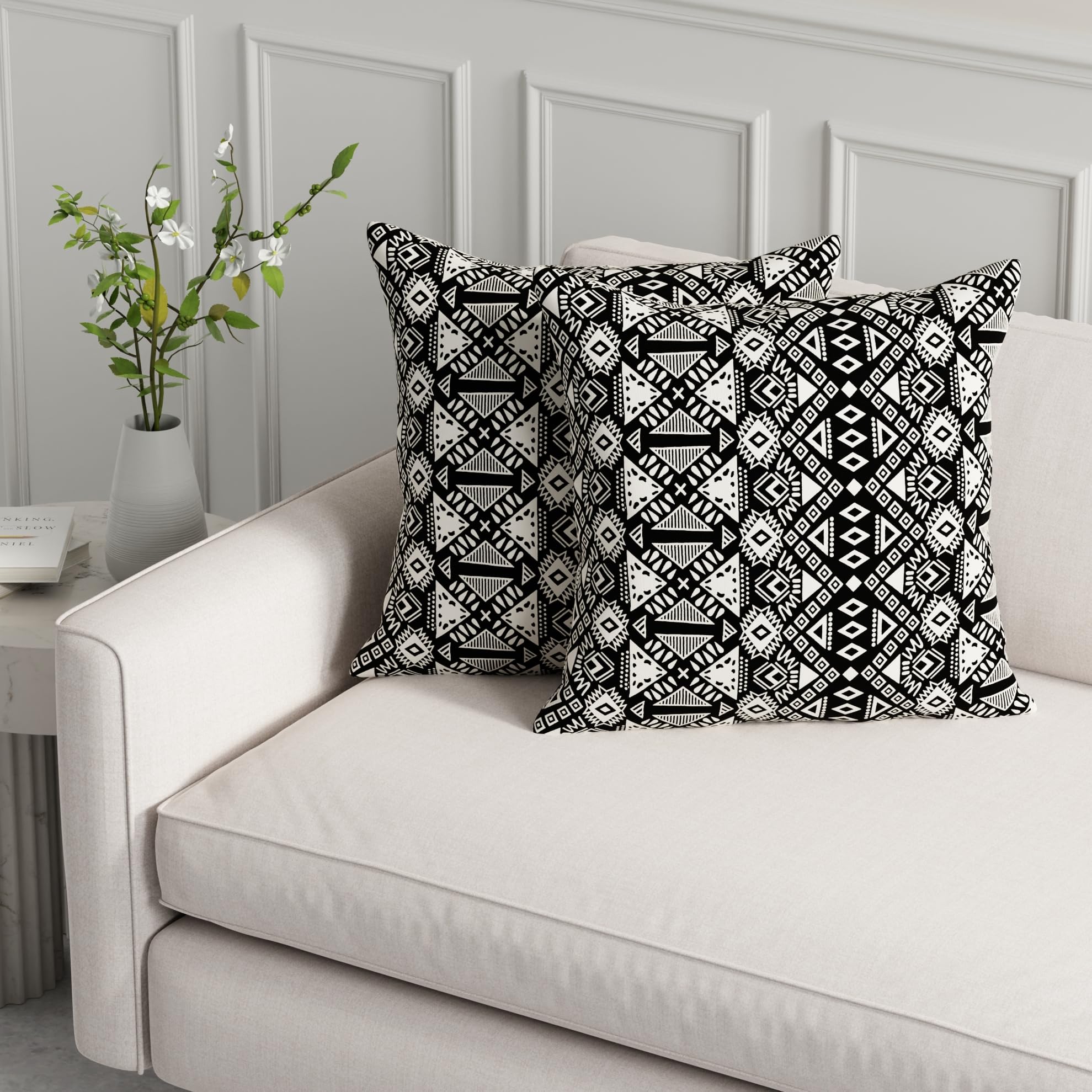 HUESLAND Premium Cotton Cushion Cover 16 x 16 inch Set of 2 | Decorative Throw Pillow Covers for Sofa, Living Room & Bedroom | Geometric Black