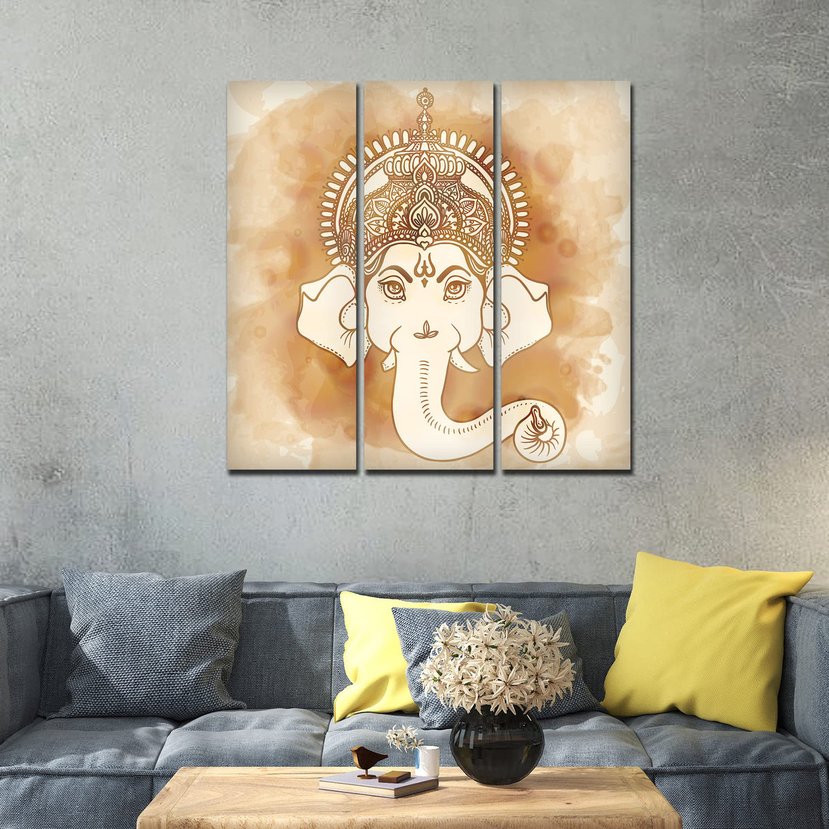 VIBECRAFTS 3 Pieces Beautiful Ganesha Face Canvas Wall Painting Fitted With Wooden Frame For Home | Office | Living Room | Gifts (PTVC3Pcs1_9556)